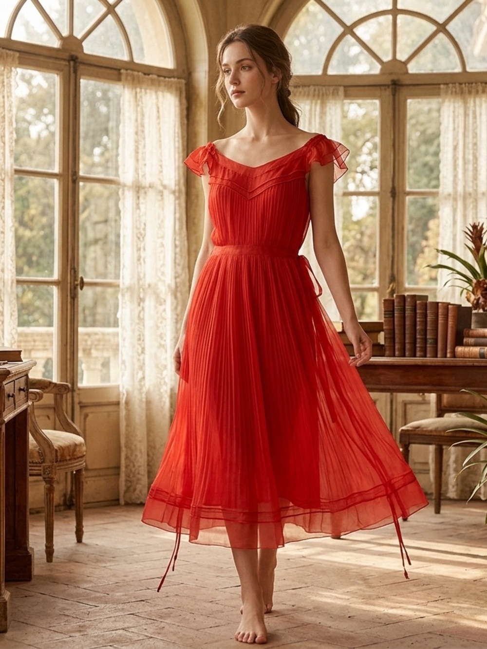 Vtg Vanity Fair Red Pleated Chiffon Ruffled Nightgown Dress Coquette